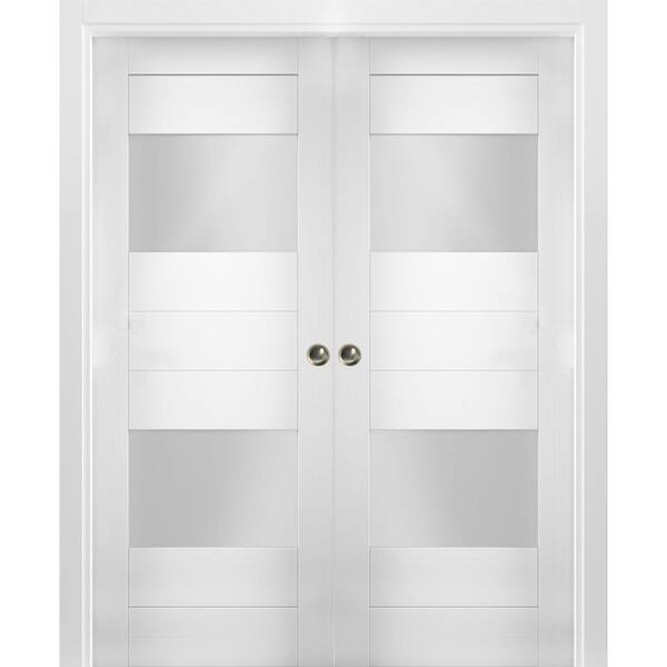 VDOMDOORS 56 in. x 84 in. Single Panel White Solid MDF Double Sliding Doors with Double Pocket Hardware