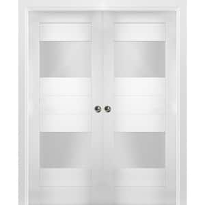 56 in. x 80 in. Single Panel White Solid MDF Double Sliding Doors with Double Pocket Hardware