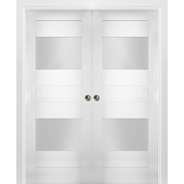 VDOMDOORS 56 in. x 96 in. Single Panel White Solid MDF Double Sliding Doors with Double Pocket Hardware