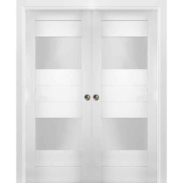 VDOMDOORS 56 in. x 96 in. Single Panel White Solid MDF Double Sliding Doors with Double Pocket Hardware