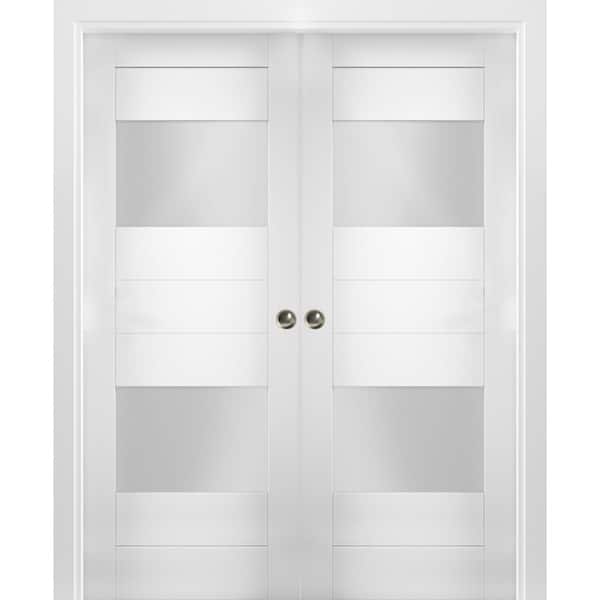 VDOMDOORS 60 in. x 84 in. Single Panel White Solid MDF Double Sliding Doors with Double Pocket Hardware