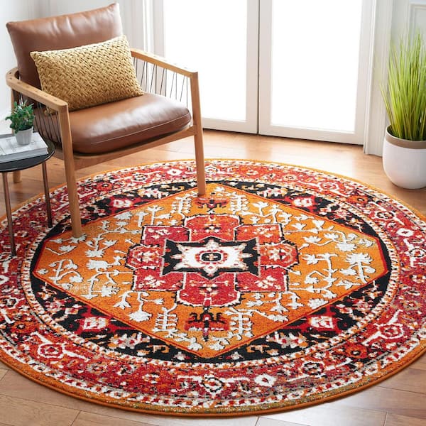 Vintage Hamadan 7 ft. x 7 ft. Red/Orange Medallion Ornate Round Area Rug