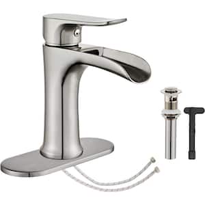 Brushed Nickel Bathroom Faucet, Waterfall Bathroom Faucet Pop Up Drain, Single Hole Bathroom Word Bath Accessory Set