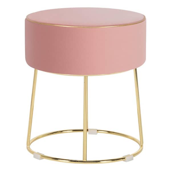 Angeles Home Pink Velvet Round Footrest Ottoman with Metal Base and Non-Slip Foot Pads