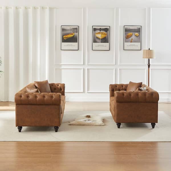 Dahl 85.5 in. W Flared Arm 3-Seater Fabric Rectangle Sofa in Brown, Set of 2