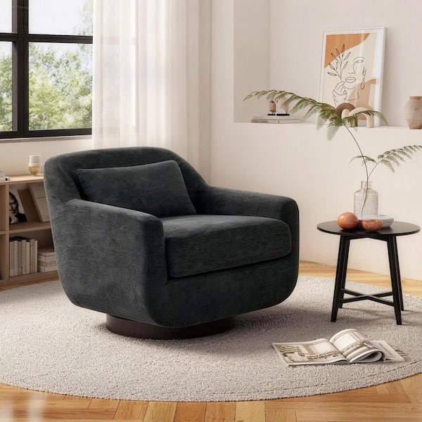 Dark Gray Chenille Upholstered 360° Swivel Accent Barrel Chair With Lumbar Pillow (Set of 1)