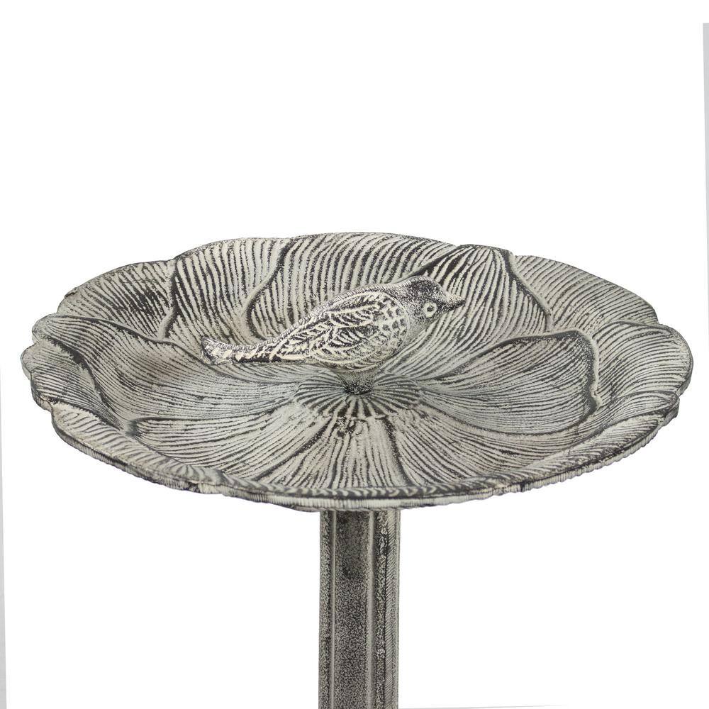 Antique Gray Cast Aluminum Bird Bath with Blossom Motif
