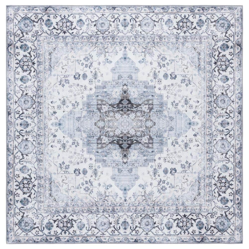 Ivory and Blue 6' x 6' Square Washable Area Rug