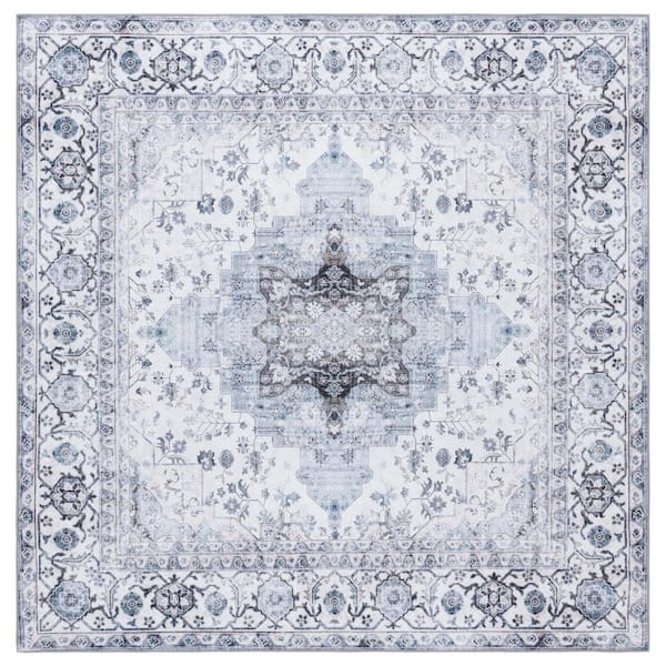 SAFAVIEH Arizona Ivory/Blue 6 ft. x 6 ft. Border Ornate Machine Washable Square Area Rug
