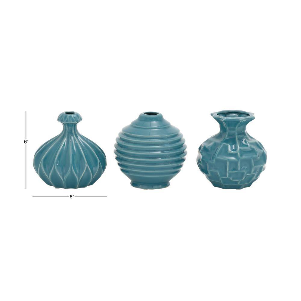 Polished Blue Ceramic Bud Vase Trio, Modern Indoor Decor