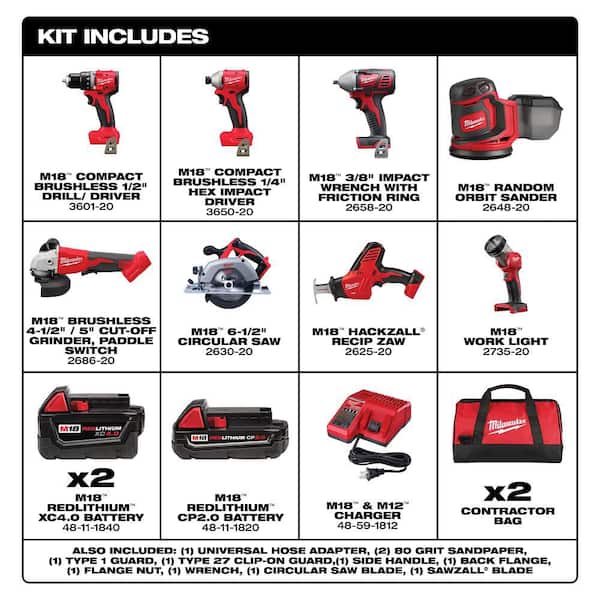 M18 18V Lithium-Ion Cordless Combo Kit (8-Tool) with (3) Batteries, Charger and Tool Bag