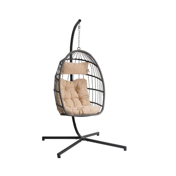 Anvil 1-Person Dark Gray Wicker Patio Swing Outdoor Swing Egg Chair Lounge Chair with Khaki Cushion