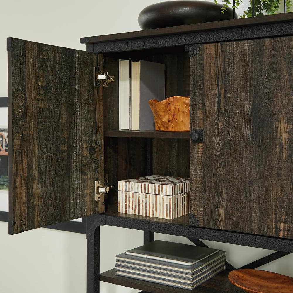 Carbon Oak Industrial China Cabinet with Metal Frame