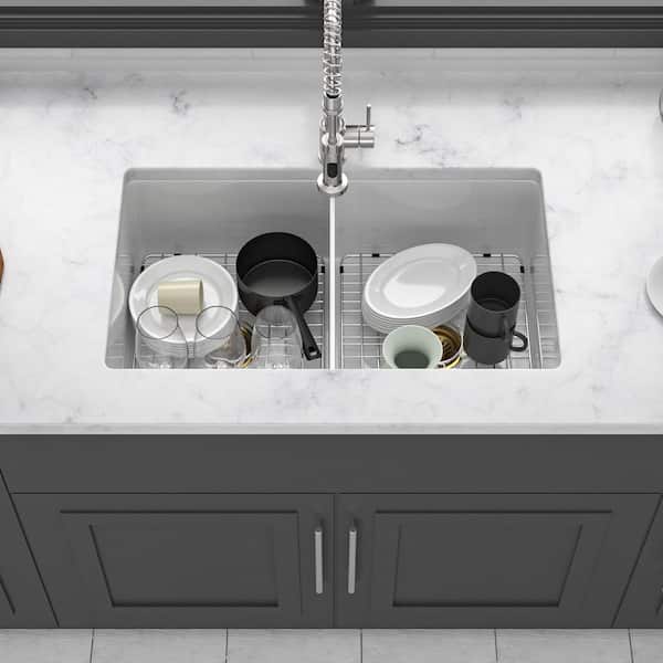 32 in. Undermount Double Bowl (50/50) White Ceramic Kitchen Sink with Bottom Grids