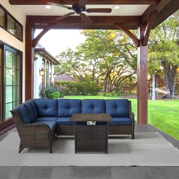 Brown 2-Piece Wicker Patio Fire Pit Set, Outdoor 6-Seater Sectional Seating Set with Olefin Navy Blue Cushions