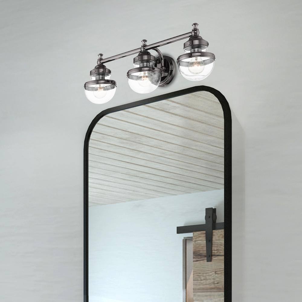 Polished Black Chrome 3-Light Vanity with Hand Blown Clear Glass
