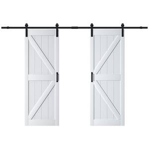 30 in. x 84 in. Double Sliding Paneled MDF White K Shape Prefinished Barn Door Slab with Hardware Kit (Set of 2)