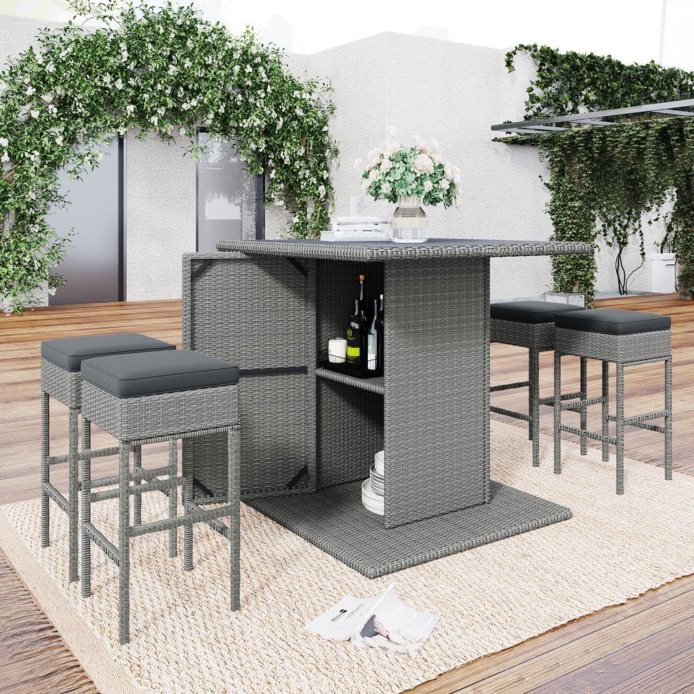 5-Piece Gray Wicker Outdoor Dining Set with with Storage Shelf and Gray Cushions price history on PriceWatchPro