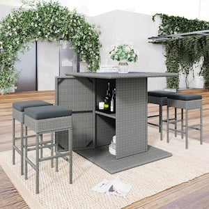 5-Piece Gray Wicker Outdoor Dining Set with with Storage Shelf and Gray Cushions