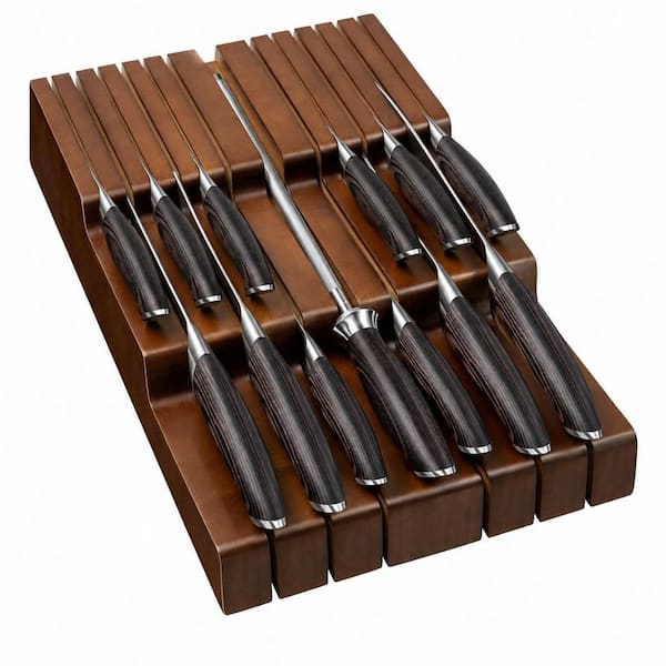 14-Piece High Carbon Stainless Steel Kitchen Knife Set with Block, Sharpener and Bamboo Drawer Organizer