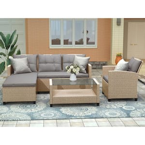4-Piece Wicker Patio Conversation Sectional Seating Set with Glass Top Coffee Table, Gray Cushions and Pillows
