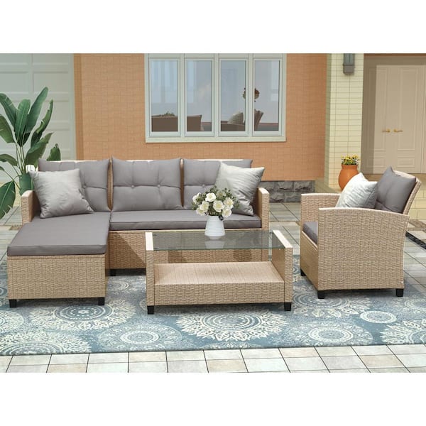 Unbranded 4-Piece Wicker Patio Conversation Sectional Seating Set with Glass Top Coffee Table, Gray Cushions and Pillows