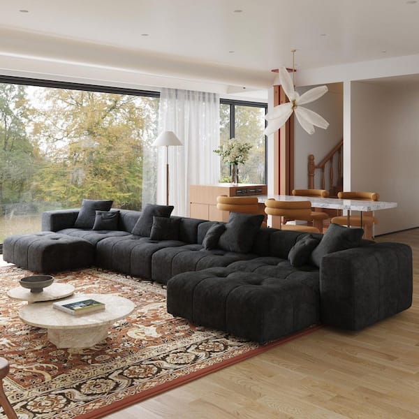 J&E Home 183.54 in. Square Arm Linen 6-piece Modular Free Combination Tufted Sectional Sofa with Soft Cushion, Ottoman in. Black