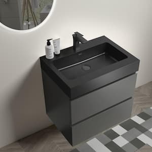 24 in. Single Sink Wall Mounted Gray Bath Vanity with Black Solid Surface Top Unassembled without Drain and Faucet