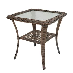 Flat Armrest Series Brown Square Wicker Outdoor Glass Side Table