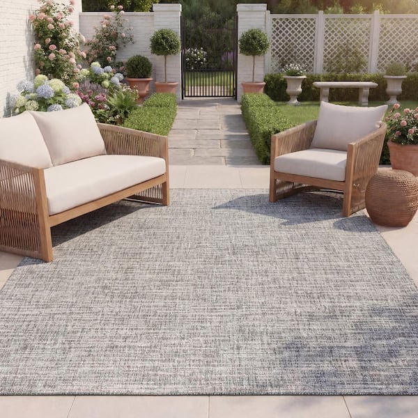 Beach House 7 ft. x 7 ft. Square Gray/Ivory Distressed Striped Solid Indoor/Outdoor Area Rug