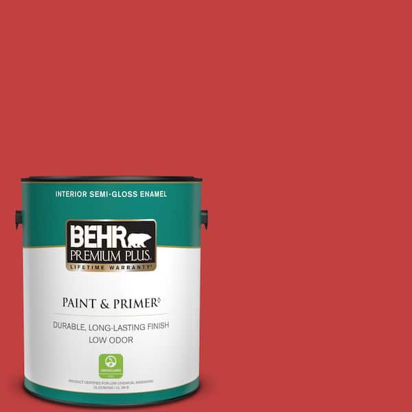 BEHR PREMIUM PLUS 1 gal. #150B-7 Poinsettia Semi-Gloss Enamel Low Odor Interior Paint & Primer