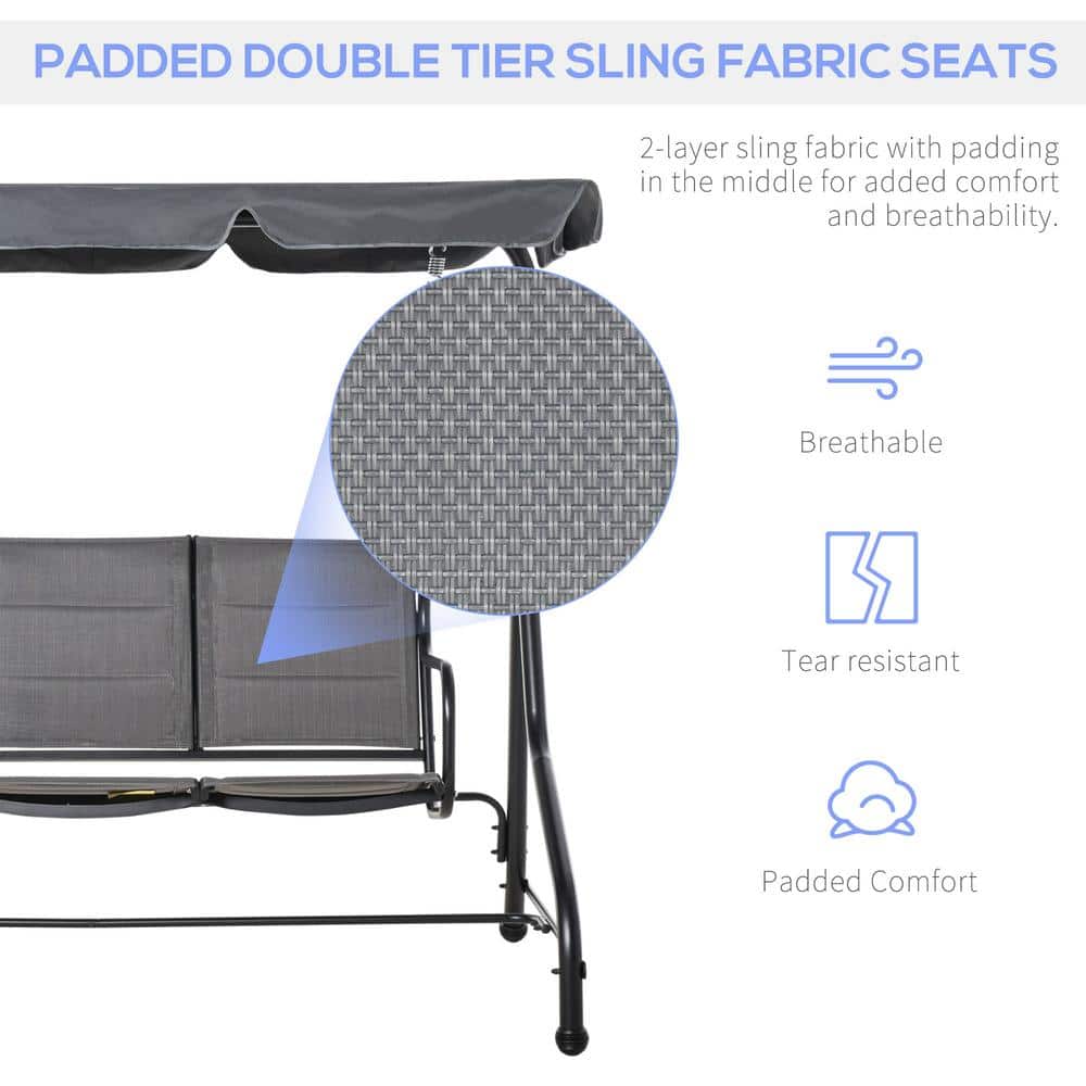 Gray Steel Trio-Seating Outdoor Swing Chair with Canopy