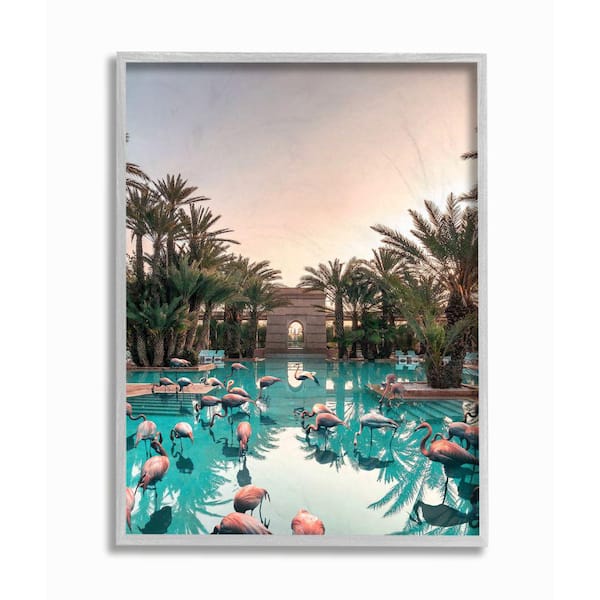 Stupell Industries "Tropical Pink Flamingo Pool Reflection Palm Trees" by Ziwei Li Framed Architecture Wall Art Print 16 in. x 20 in.
