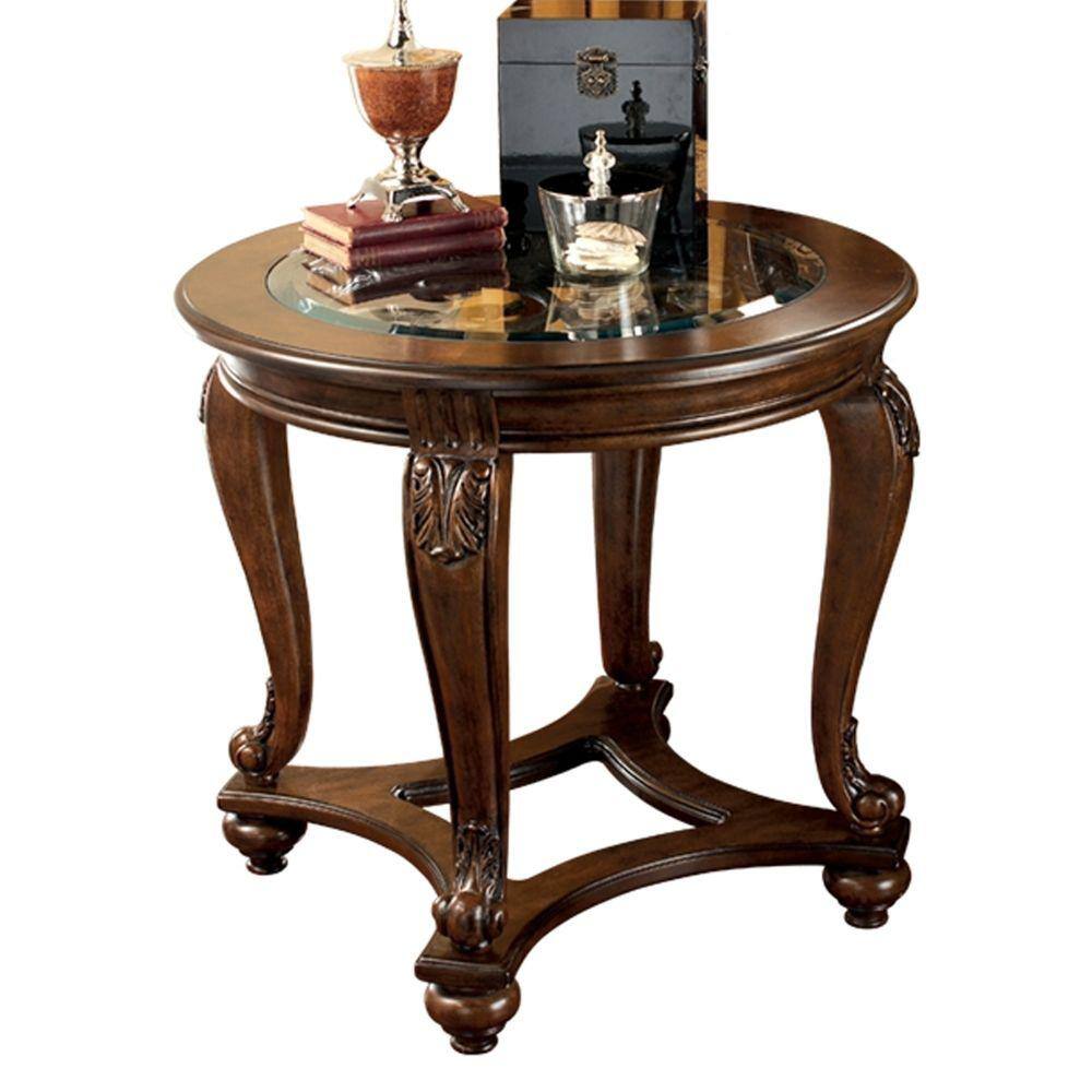 Elegant Round Wood & Glass End Table with Carved Acanthus Accents, Dark Brown
