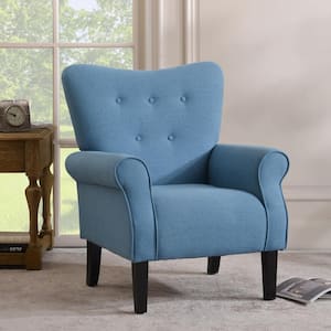 Modern Wing Back Accent Chair Roll Arm Living Room Cushion with Wooden Legs - Blue