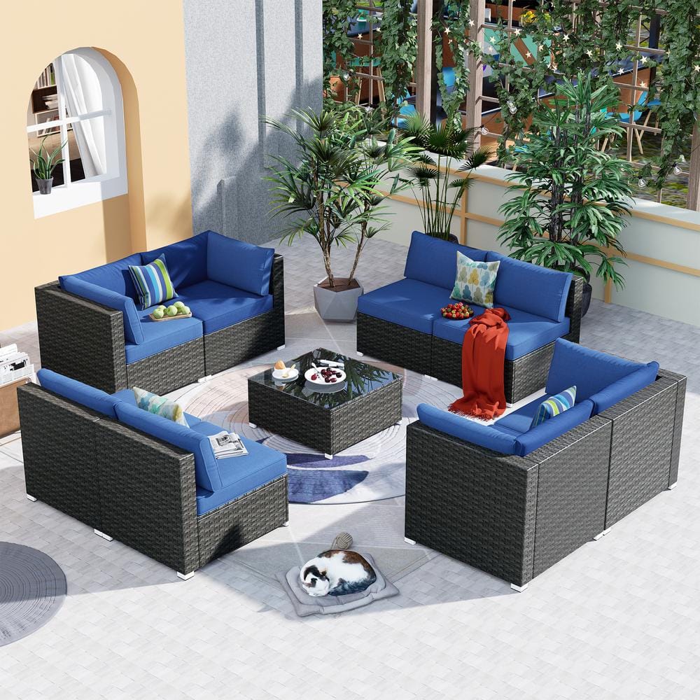 Poseidon Gray 9-Piece Wicker Outdoor Patio Conversation Sectional Sofa Seating Set with Navy Blue Cushions price history on PriceWatchPro