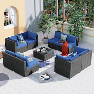 Poseidon Gray 9-Piece Wicker Outdoor Patio Conversation Sectional Sofa Seating Set with Navy Blue Cushions