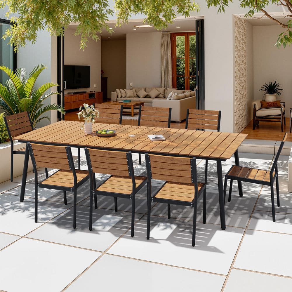 9-Piece Aluminum Frame Outdoor Patio Dining Set WPC 94.5 in. Brown Table Chair Set with Umbrella Hole For Porch price history on PriceWatchPro
