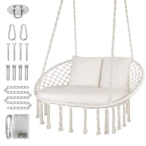 Double Beige Swing Chair Large Hanging Macrame Handwoven Swing Chair with 3 Cushions for Indoor/Outdoor Relax
