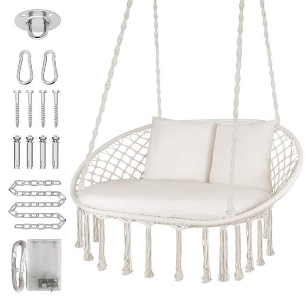 SEEUTEK Double Beige Swing Chair Large Hanging Macrame Handwoven Swing Chair with 3 Cushions for Indoor/Outdoor Relax