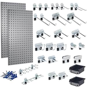 (2) 18 in. W x 36 in. H Gray Steel Square Hole Pegboards with 30-piece LocHook Assortment and Hanging Bin System
