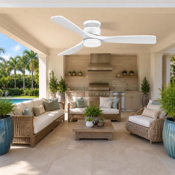 52 in.Smart White Outdoor/Indoor Flush Mount Ceiling Fans With Lights Remote, Voice Control via WIFI Alexa App