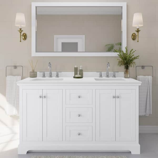 Avery 60 in. W x 22 in. D x 35 in. H Double Bath Vanity in White with White Quartz Top