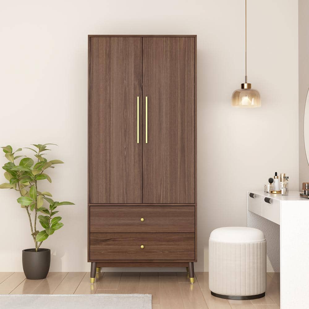 Brown Armoire with 2-Drawers, Hanging Rod and Gold Metal Handles (71.1 in. H x 19.1 in. W x 31.5 in. D) - thumbnail 10