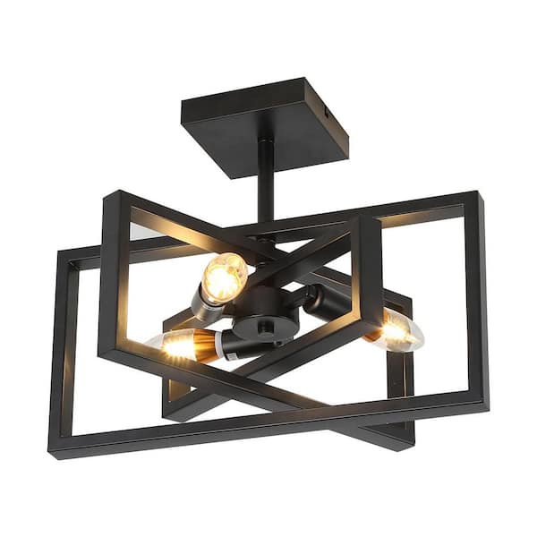 15.7 in. 3-Light Black Farmhouse Rustic Rectangle Semi Flush Mount Ceiling Light