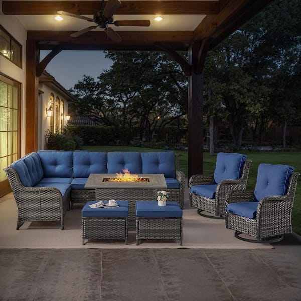 Gray 6-Piece Wicker Patio Fire Pit Set, Outdoor Sectional Seating Set with Olefin Navy Blue Cushions and Swivel Rockers