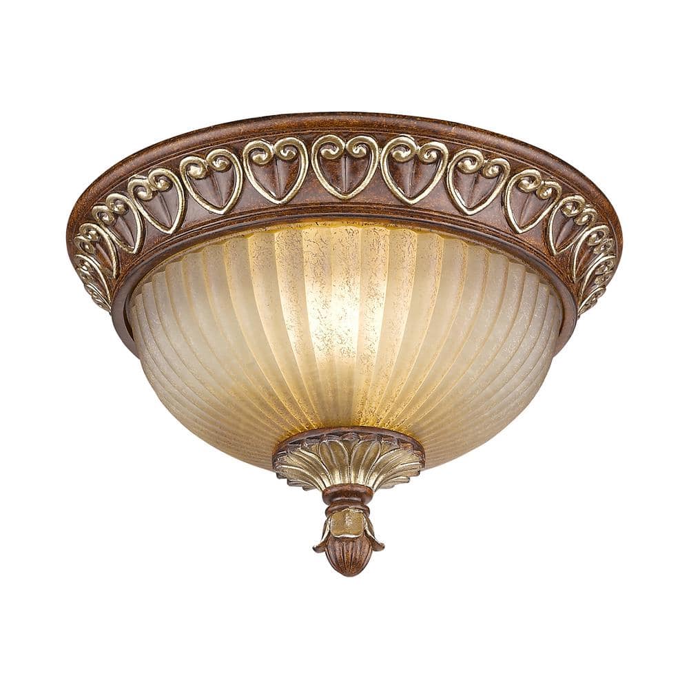 Verona Bronze & Aged Gold Leaf Dual-Light Flush Mount with Rustic Art Glass