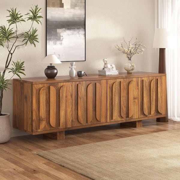 Modern Brown Wood TV Stand Fits TV's up to 75 in. Media Console Cabinet with Adjustable Shelves and Cable Holes
