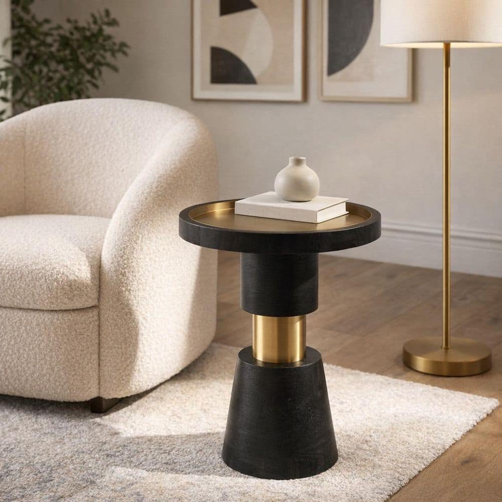 Black 15 in. Round Mango Wood and Metal End Table with Sculptural Base