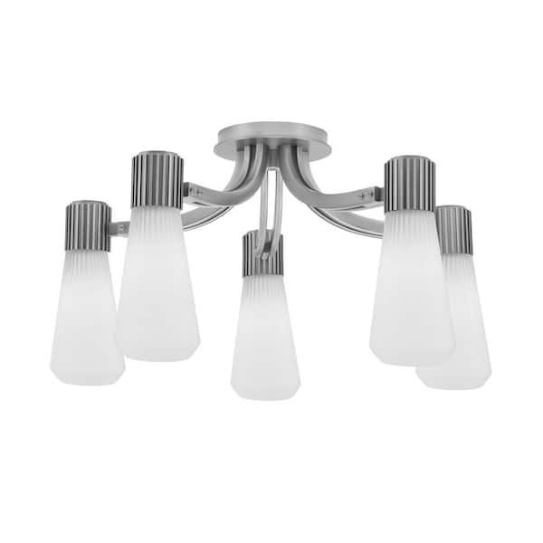 Bryer 23.25 in. 5 Light Graphite Semi Flush Mount with 4" White Opal Ribbed Glass Shades, No bulb included